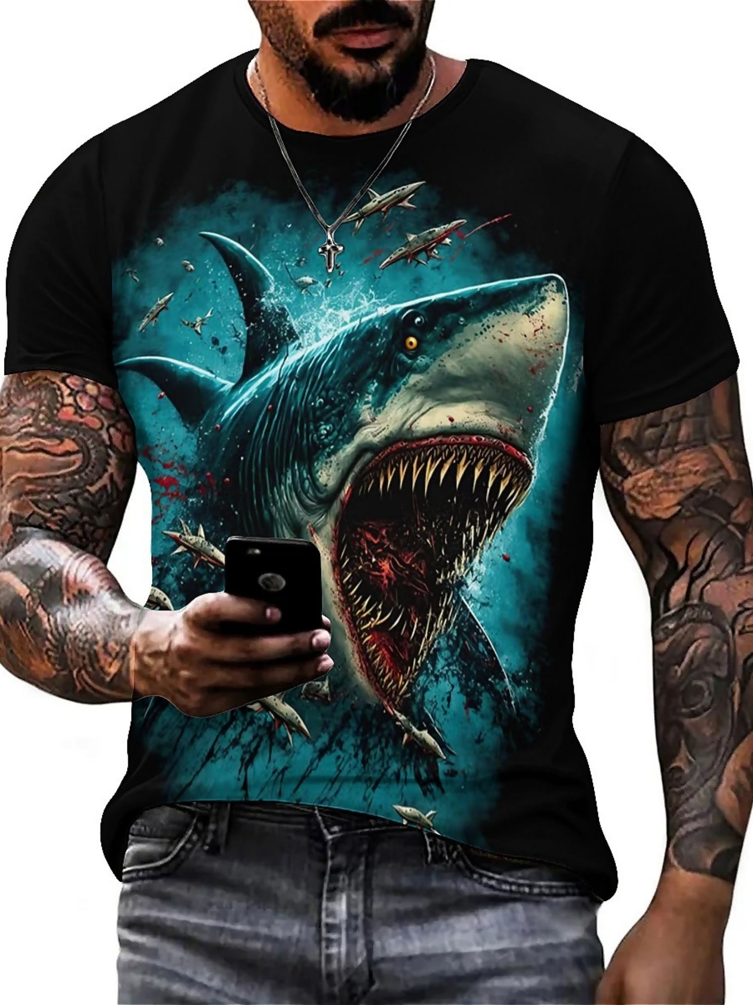 Men's 3D Shark Print T-Shirt - - 3D Printing Design Free incelemesi ve fiyatı