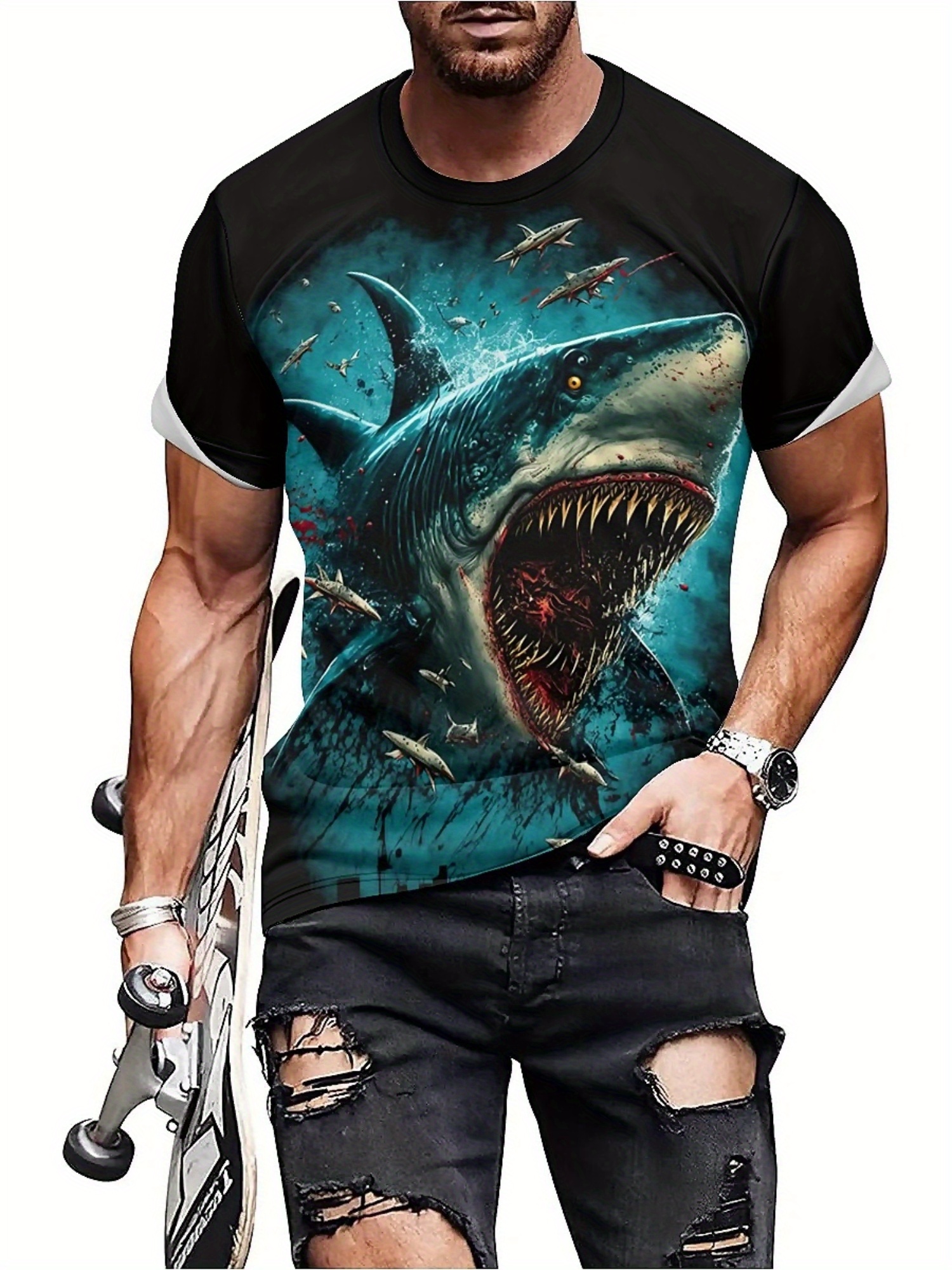 Men's 3D Shark Print T-Shirt - - 3D Printing Design Free incelemesi ve fiyatı